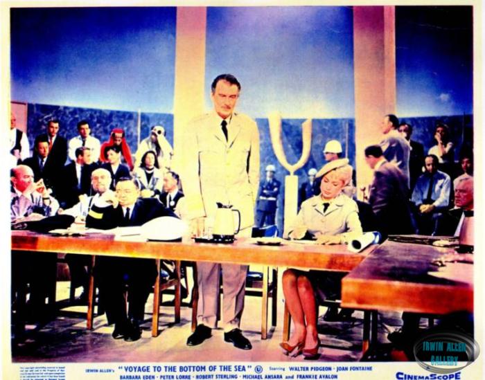 Peter Lorre, Walter Pidgeon and Barbara Eden at UN Meeting